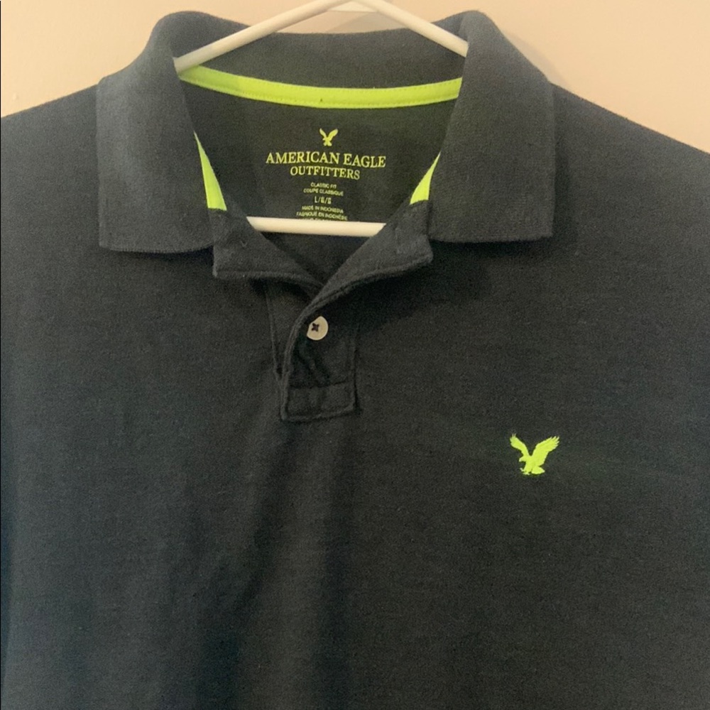 American Eagle Outfitters Charcoal Gray Polo Shirt With Neon Embroidery - Large